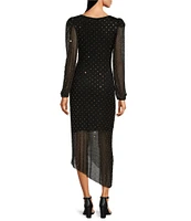 Alex Marie Belle Beaded Mesh High Boat Neck Puff Shoulder Long Sleeve Ruched Waist Asymmetrical Flounce Midi Dress