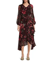 Alex Marie Birdie Chiffon Floral Print Ruch Cowl Neck Long Sleeve Tie Waist Ruffled Asymmetric Midi Flare Dress