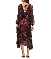 Alex Marie Birdie Chiffon Floral Print Ruch Cowl Neck Long Sleeve Tie Waist Ruffled Asymmetric Midi Flare Dress