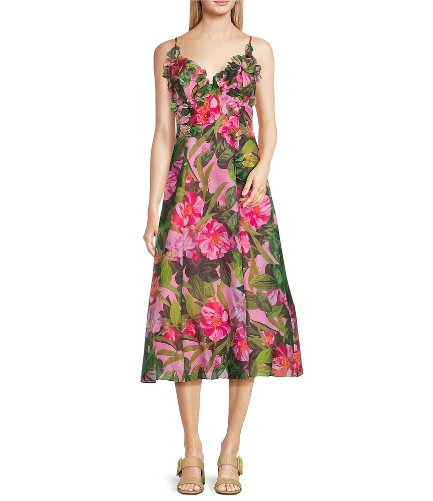 Alex Marie Brigitte Floral Sleeveless Printed V-Neck Organza A-Line Midi Dress