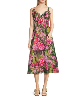 Alex Marie Brigitte Floral Sleeveless Printed V-Neck Organza A-Line Midi Dress