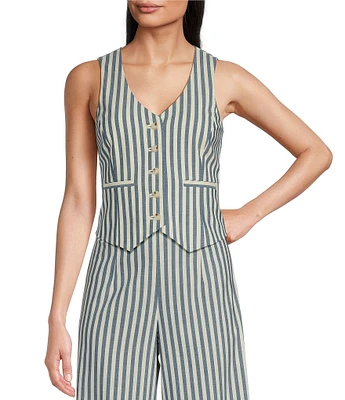 Alex Marie Brooke V-Neck Stretch Linen Blend Button Front Coordinating Vest