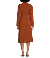 Alex Marie Caitlin Heavy Crepe de Chine Point Collar V-Neck Long Sleeve Front Tie Midi Dress