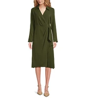 Alex Marie Caitlin Heavy Crepe de Chine Point Collar V-Neck Long Sleeve Front Tie Midi Dress