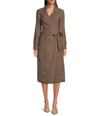 Alex Marie Caitlin Plaid Point Collar V-Neck Long Sleeve Ruched Side Wrap Midi Dress