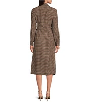 Alex Marie Caitlin Plaid Point Collar V-Neck Long Sleeve Ruched Side Wrap Midi Dress