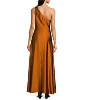 Alex Marie Camila Stretch Satin Asymmetrical One Shoulder Metal Loop Strap A-Line Maxi Dress