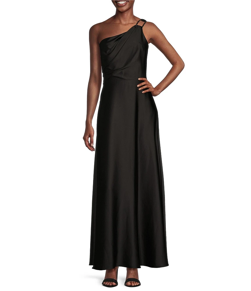 Alex Marie Camila Stretch Satin Asymmetrical One Shoulder Metal Loop Strap A-Line Maxi Dress