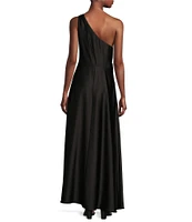 Alex Marie Camila Stretch Satin Asymmetrical One Shoulder Metal Loop Strap A-Line Maxi Dress