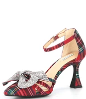 Alex Marie Carmela Plaid Rhinestone Bow Ankle Strap Dress Pumps