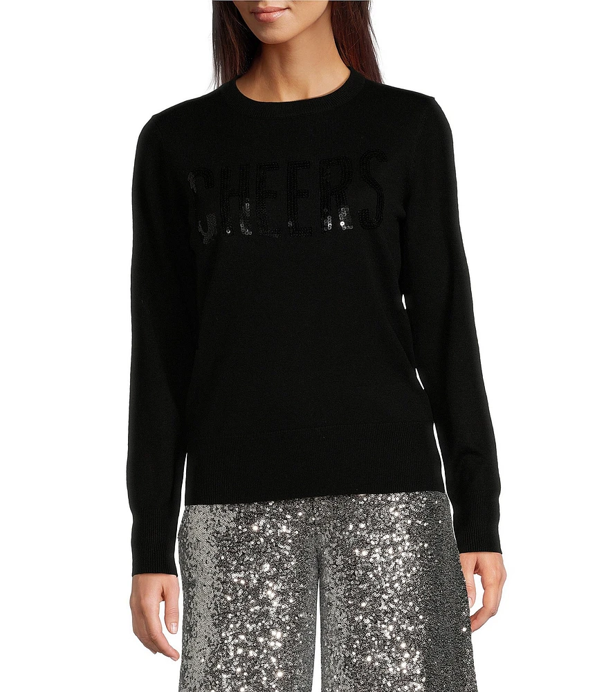 Alex Marie Cheers Sequin Script Long Sleeve Holiday Sweater