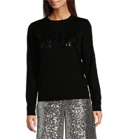 Alex Marie Cheers Sequin Script Long Sleeve Holiday Sweater