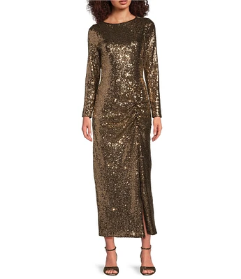 Alex Marie Chloe Boat Neck Long Sleeve Sequin Dress