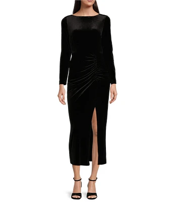 Alex Marie Chloe Stretch Velvet High Boat Neck Long Sleeve Ruched Waist Side Split Hem Midi Sheath Dress