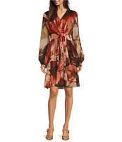 Alex Marie Clarice Floral Print Chiffon Deep V-Neck Long Blouson Sleeve Tie at Waist Tiered Ruffle Above the Knee Dress