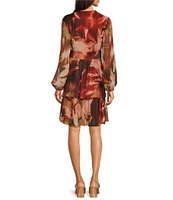 Alex Marie Clarice Floral Print Chiffon Deep V-Neck Long Blouson Sleeve Tie at Waist Tiered Ruffle Above the Knee Dress