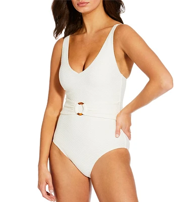 Alex Marie Diamond Textured Solid V-Neck Belted Tortoise Ring One Piece Swimsuit