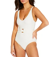 Alex Marie Diamond Textured Solid V-Neck Belted Tortoise Ring One Piece Swimsuit