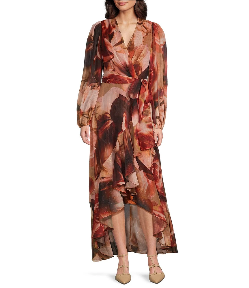 Alex Marie Diana Chiffon Floral Print V-Neck Long Blouson Sleeve Tie Waist Hi-Low Flounce Wrap Maxi Dress