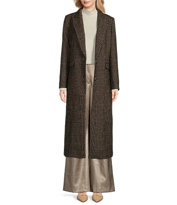 Alex Marie Estelle Brushed Wool Glen Print Notch Lapel Long Sleeve Button Front Long Blazer Cocoon Coat