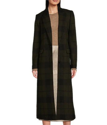 Alex Marie Estelle Brushed Wool Plaid Print Notch Lapel Long Sleeve Button Front Long Blazer Cocoon Coat