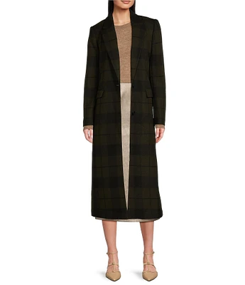 Alex Marie Estelle Brushed Wool Plaid Print Notch Lapel Long Sleeve Button Front Long Blazer Cocoon Coat