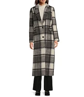 Alex Marie Estelle Wool Blend Oversized Plaid Notch Lapel V-Neck Long Sleeve Button Front Long Line Blazer Top Coat