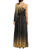 Alex Marie Gabrielle Metallic Ombre Plisse Asymmetrical Neck One Shoulder Sleeveless Tie Waist A-Line Swing Gown