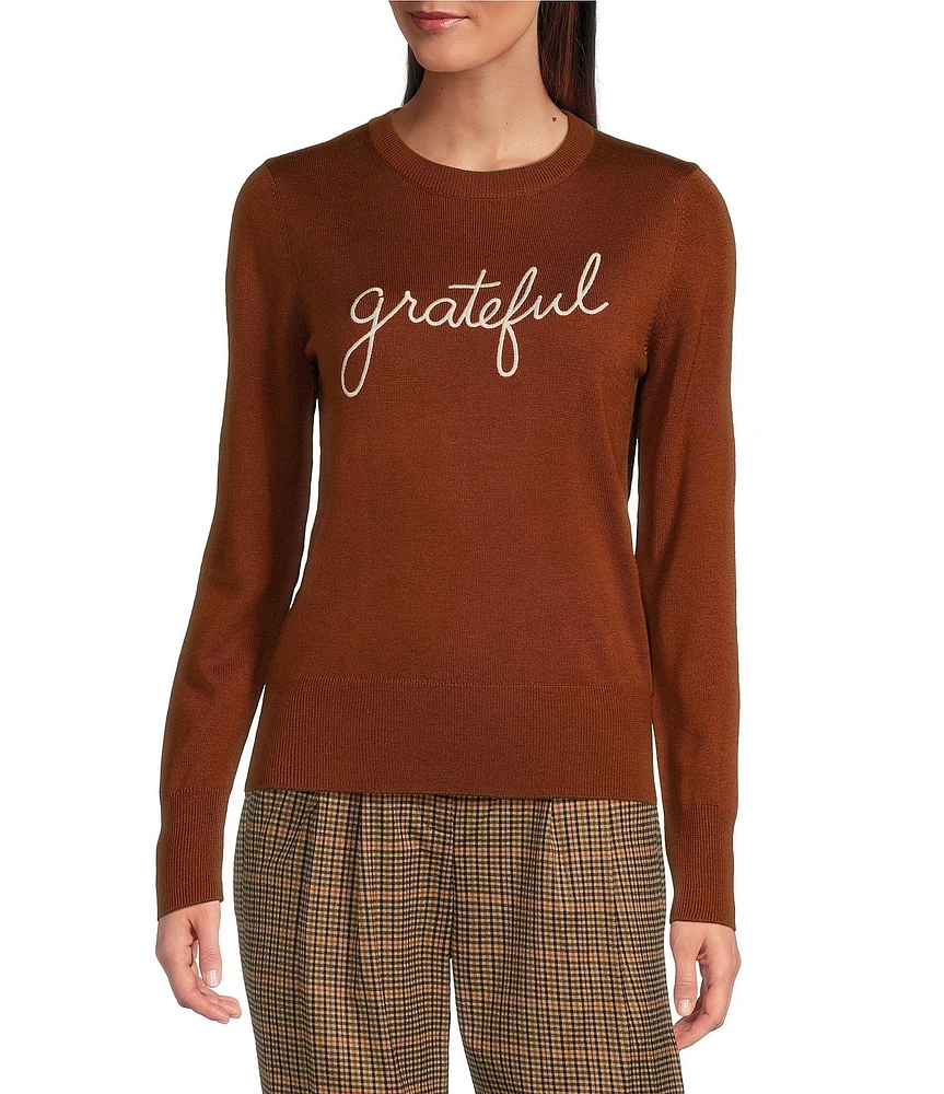 Alex Marie Grateful Script Wool Knit Crew Neck Long Sleeve Sweater