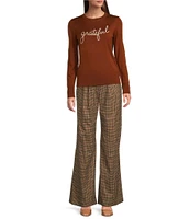 Alex Marie Grateful Script Wool Knit Crew Neck Long Sleeve Sweater