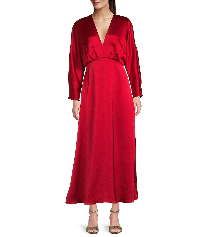 Alex Marie Harlow Satin Deep V-Neck Long Sleeve Blouson Slip Midi Dress