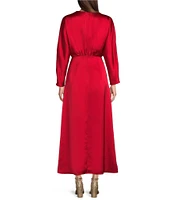 Alex Marie Harlow Satin Deep V-Neck Long Sleeve Blouson Slip Midi Dress