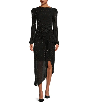 Alex Marie Hazel Beaded Mesh Boat Neck Long Sleeve Dress