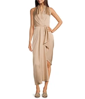 Alex Marie Hazel Surplice V-Neck Sleeveless Satin Asymmetrical Hem Midi Dress