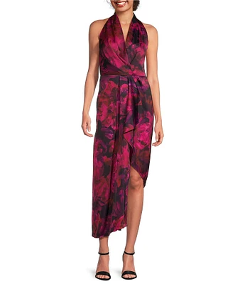 Alex Marie Hazel Surplice V-Neck Sleeveless Satin Print Asymmetrical Hem Midi Dress