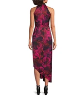 Alex Marie Hazel Surplice V-Neck Sleeveless Satin Print Asymmetrical Hem Midi Dress