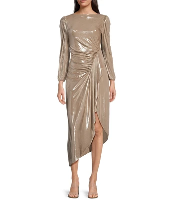 Alex Marie Jenna Foiled Metallic High Boat Neck Long Blouson Sleeve Faux Wrap Ruched Asymmetrical Hem Maxi Dress