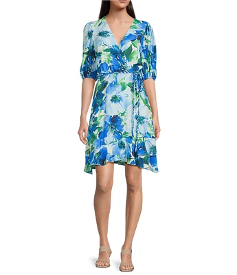 Alex Marie Joelle Floral V-Neck Short Sleeve Tie Waist A-Line Dress