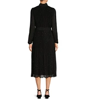 Alex Marie Jolene Rhinestone Mock Neck Long Sleeve Tie Waist Pleated Flounce Midi Shift Dress