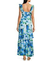Alex Marie Lacey Ruffle Sleeveless Floral Asymmetric Hem Maxi Dress