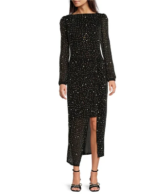 Alex Marie Lanette Boat Neck Long Sleeve Beaded Mesh Dress