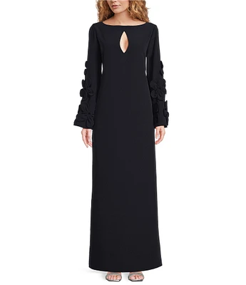 Alex Marie Laura Crepe Keyhole Neck Long Sleeve Applique Gown