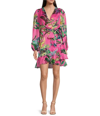 Alex Marie Laurel Floral Long Sleeve Surplice V-Neck A-Line Dress