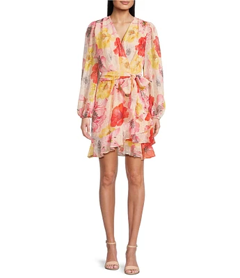 Alex Marie Laurel Floral Print Crinkle Chiffon Long Sleeve Surplice V-Neck A-Line Dress