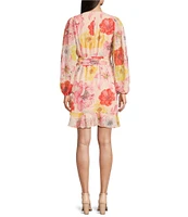 Alex Marie Laurel Floral Print Crinkle Chiffon Long Sleeve Surplice V-Neck A-Line Dress