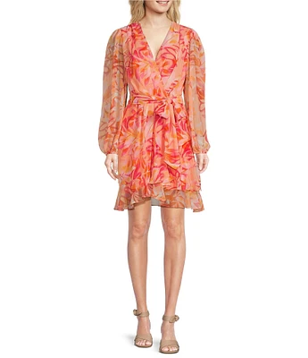 Alex Marie Laurel Printed Crinkle Chiffon Long Sleeve A-Line Dress