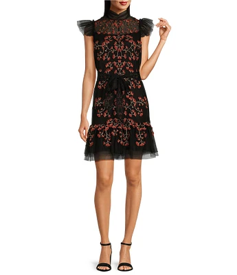 Alex Marie Liesl Floral Embroidered Mesh Mock Neck Sheer Illusion Flutter Sleeve Tie at Waist A-Line Mini Dress