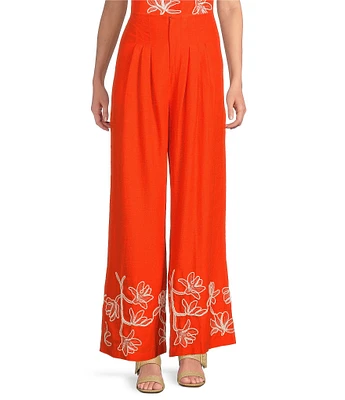 Alex Marie Lola Embroidered Linen Blend Wide Leg Flat Front Coordinating Pants