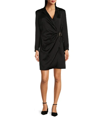 Alex Marie Magnolia Satin Notch Lapel Collar V-Neck Long Sleeve Side Hardware Loop Wrap Blazer Mini Dress