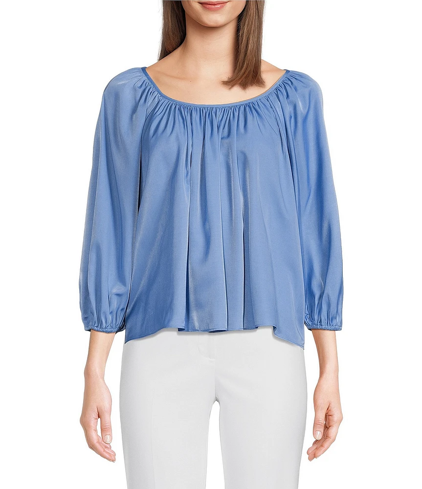 Alex Marie Mara Scoop Neck Drapey Sateen 3/4 Sleeve Blouse